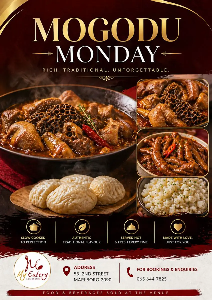 Mogodu Monday promotional poster with stewed tripe and side dishes